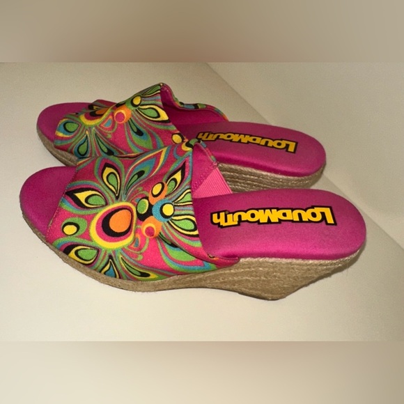 Loudmouth Women Marlene Shagadelic Wedges Sz 6.5M Pink 60s Retro Inspired Fabric - Picture 5 of 14